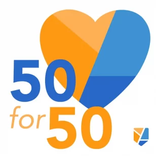 50 for 50 graphic with a gold and blue heart
