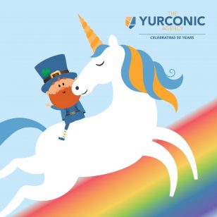 An illustration of a leprechaun riding a unicorn on a rainbow